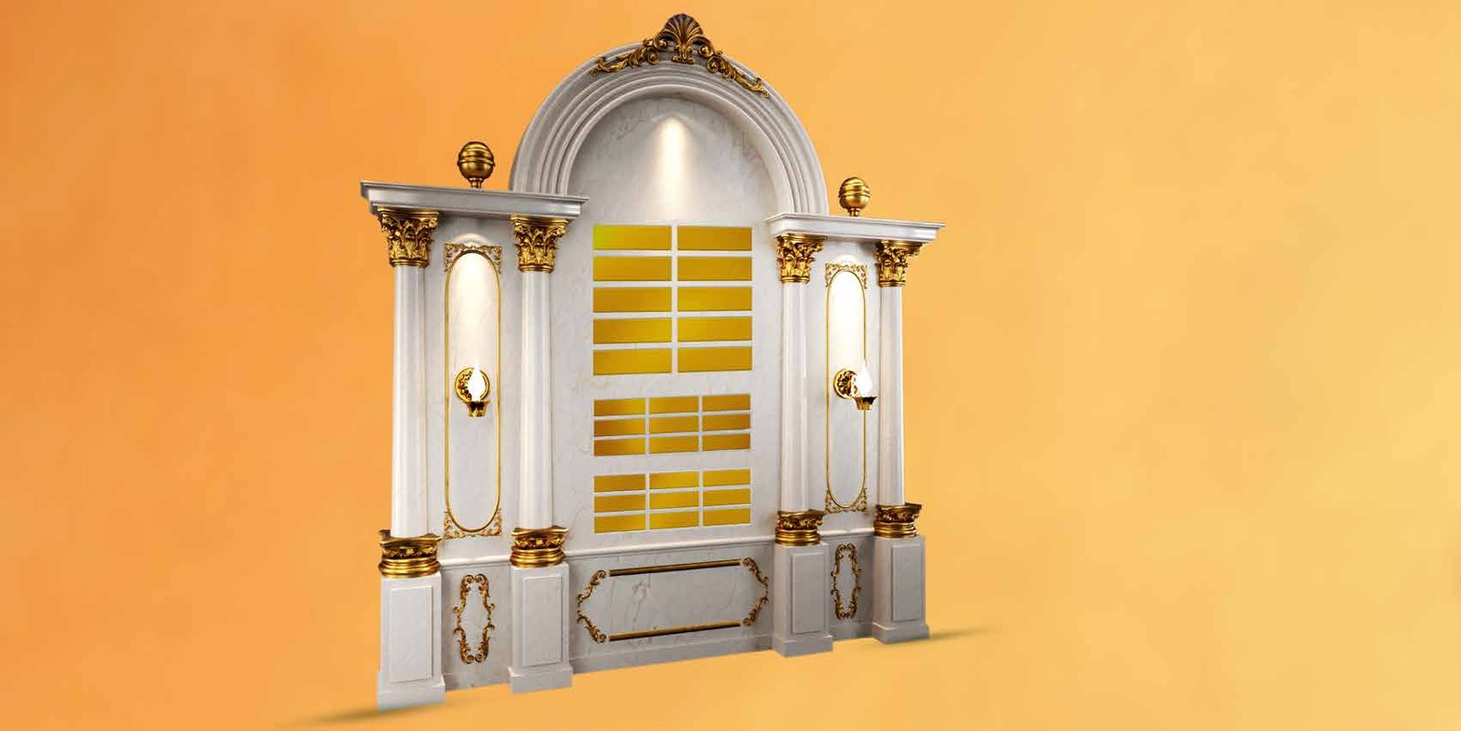 Design of the donor wall: white marble with gold columns and gold name plaques