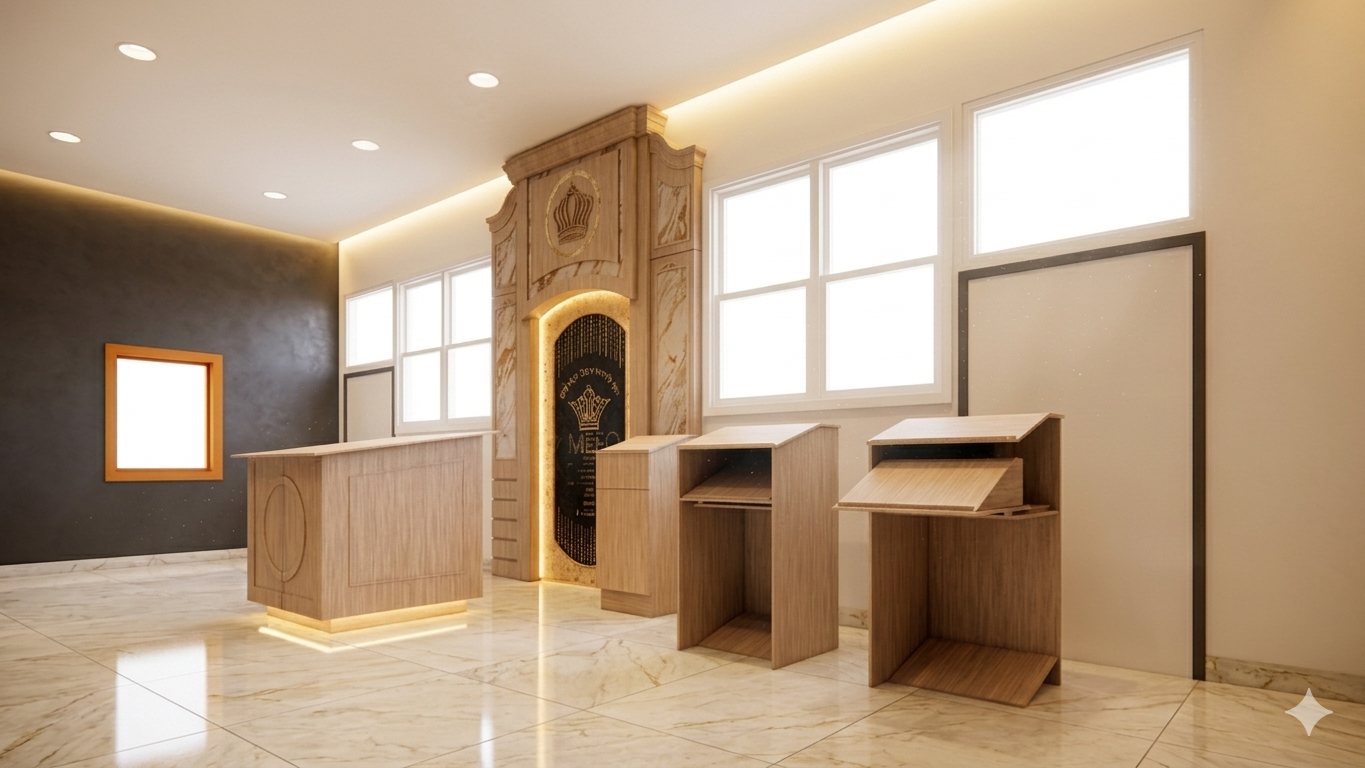 Design of the new aron kodesh in light wood with a crown, beside two shtenders
